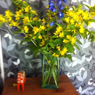 gelb, blau typisch schwedisch schmücken Blumen unser Haus